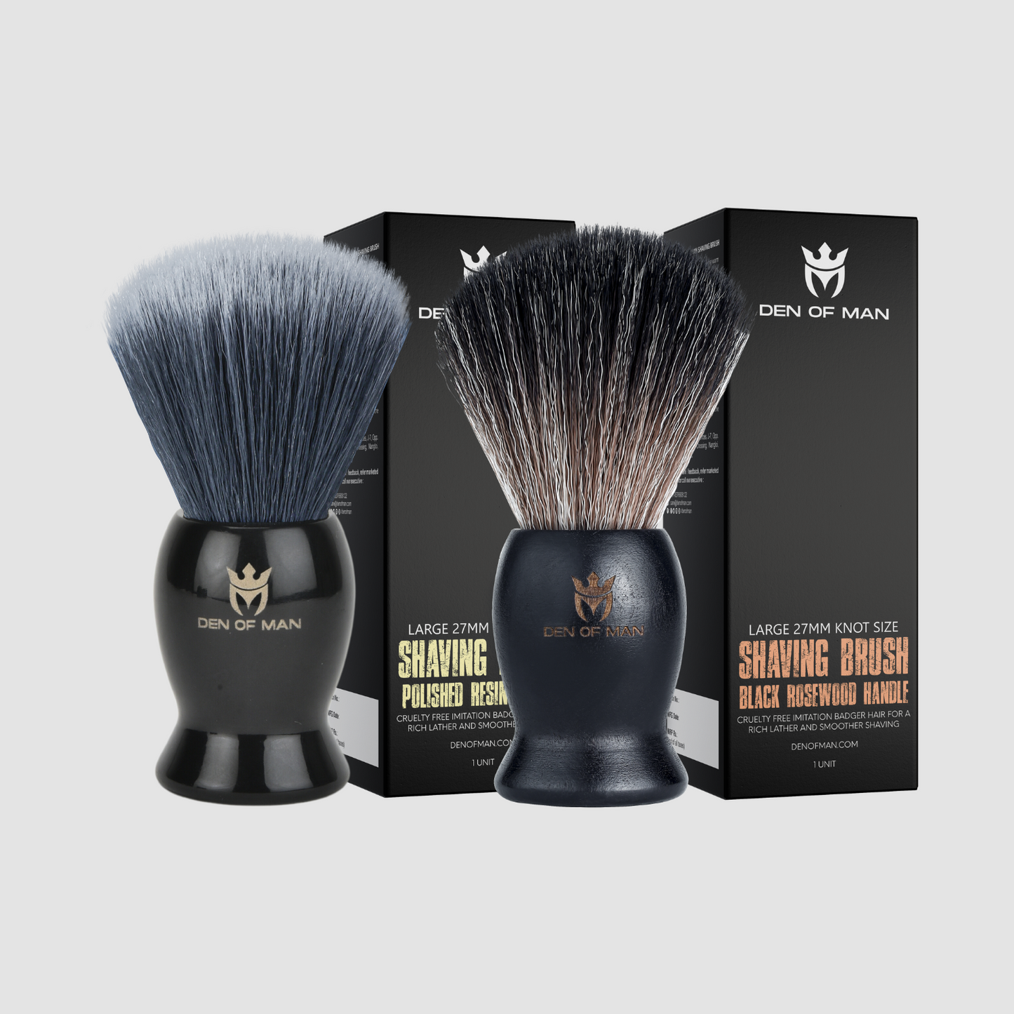 Den of Man Jumbo 27mm Knot Premium Cruelty Free Imitation Badger Hair Shaving Brush, Soft & Ultra Absorbent Bristles For Smooth Shave | Black Resin Handle & Real Rosewood Handle(Pack of 2)