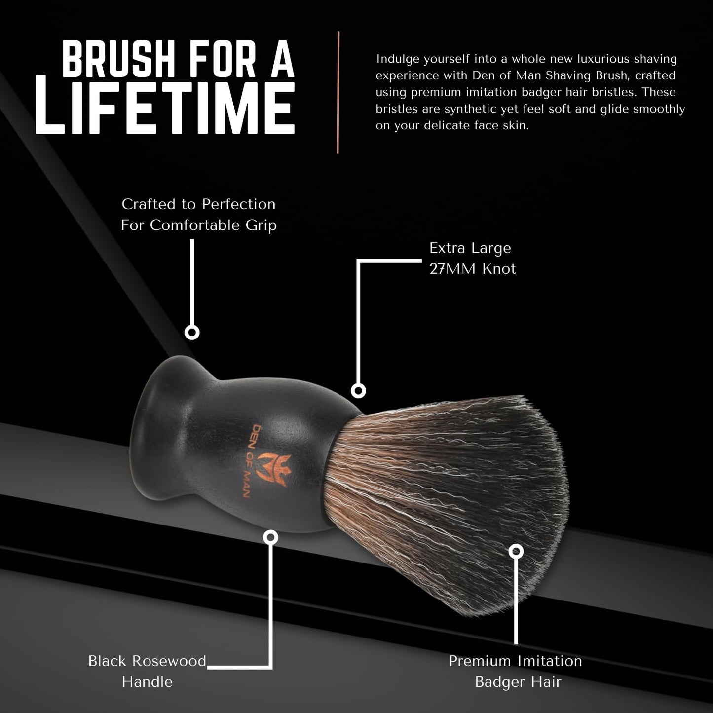 Den of Man Jumbo 27mm Knot Premium Cruelty Free Imitation Badger Hair Shaving Brush, Soft & Ultra Absorbent Bristles For Smooth Shave | Black Resin Handle & Real Rosewood Handle(Pack of 2)