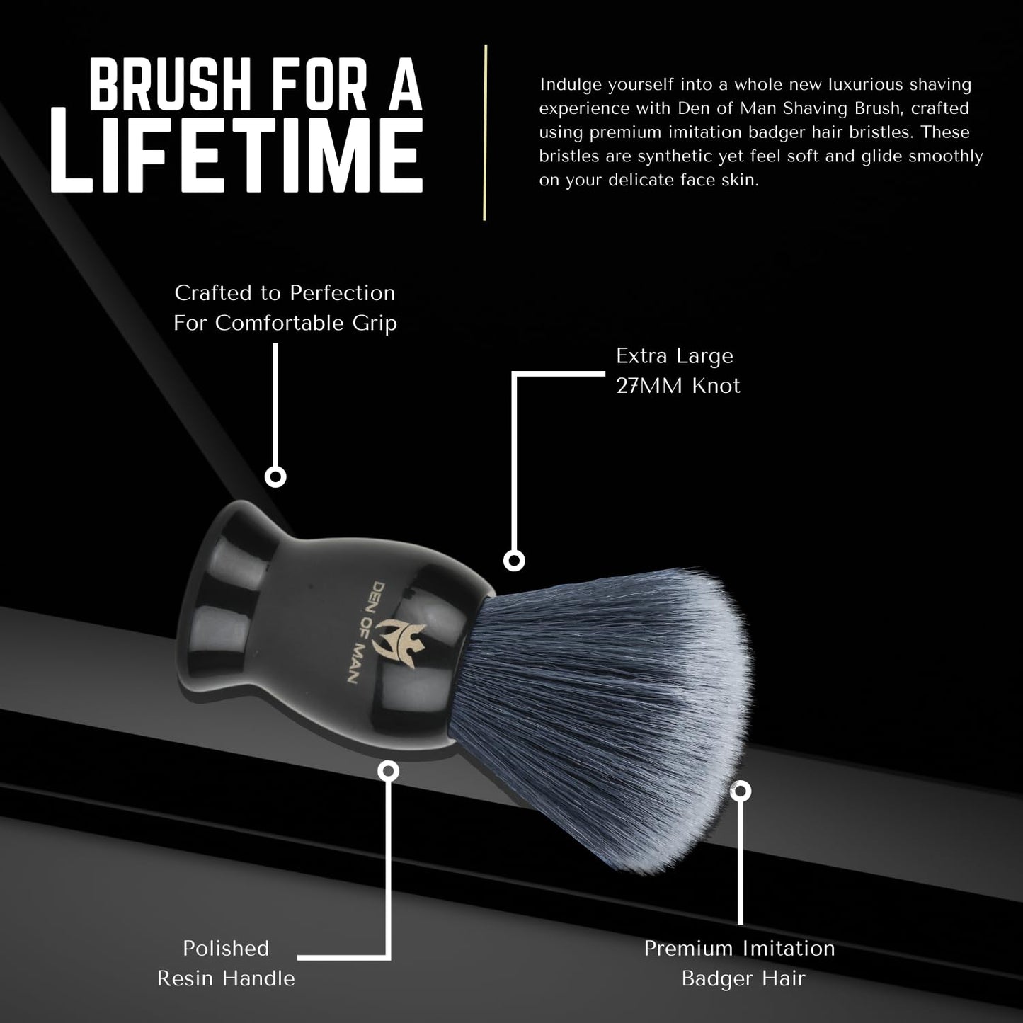 Den of Man Jumbo 27mm Knot Premium Cruelty Free Imitation Badger Hair Shaving Brush, Soft & Ultra Absorbent Bristles For Smooth Shave | Black Resin Handle & Real Rosewood Handle(Pack of 2)
