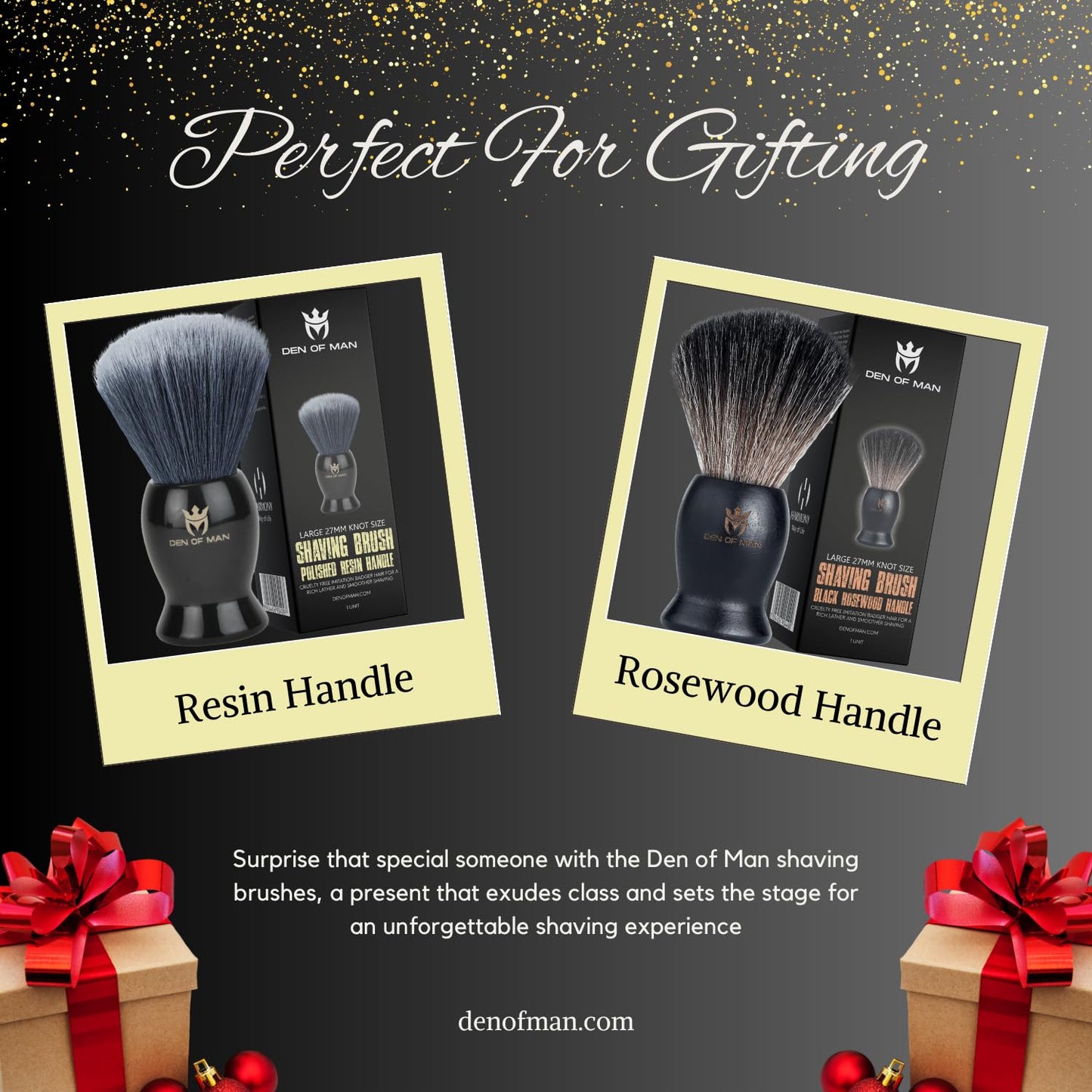 Den of Man Jumbo 27mm Knot Premium Cruelty Free Imitation Badger Hair Shaving Brush, Soft & Ultra Absorbent Bristles For Smooth Shave | Black Resin Handle & Real Rosewood Handle(Pack of 2)