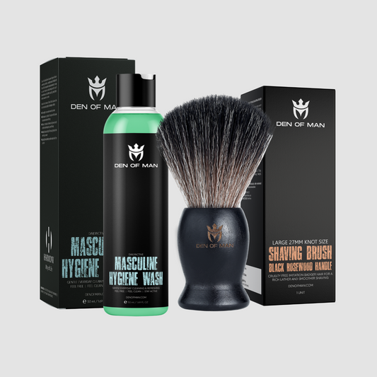 Den of Man Daily Active Masculine Hygiene Wash, 50GM & Jumbo 27mm Knot Premium Cruelty Free Imitation Badger Hair Shaving Brush, Real Rosewood Handle (Pack of 2)