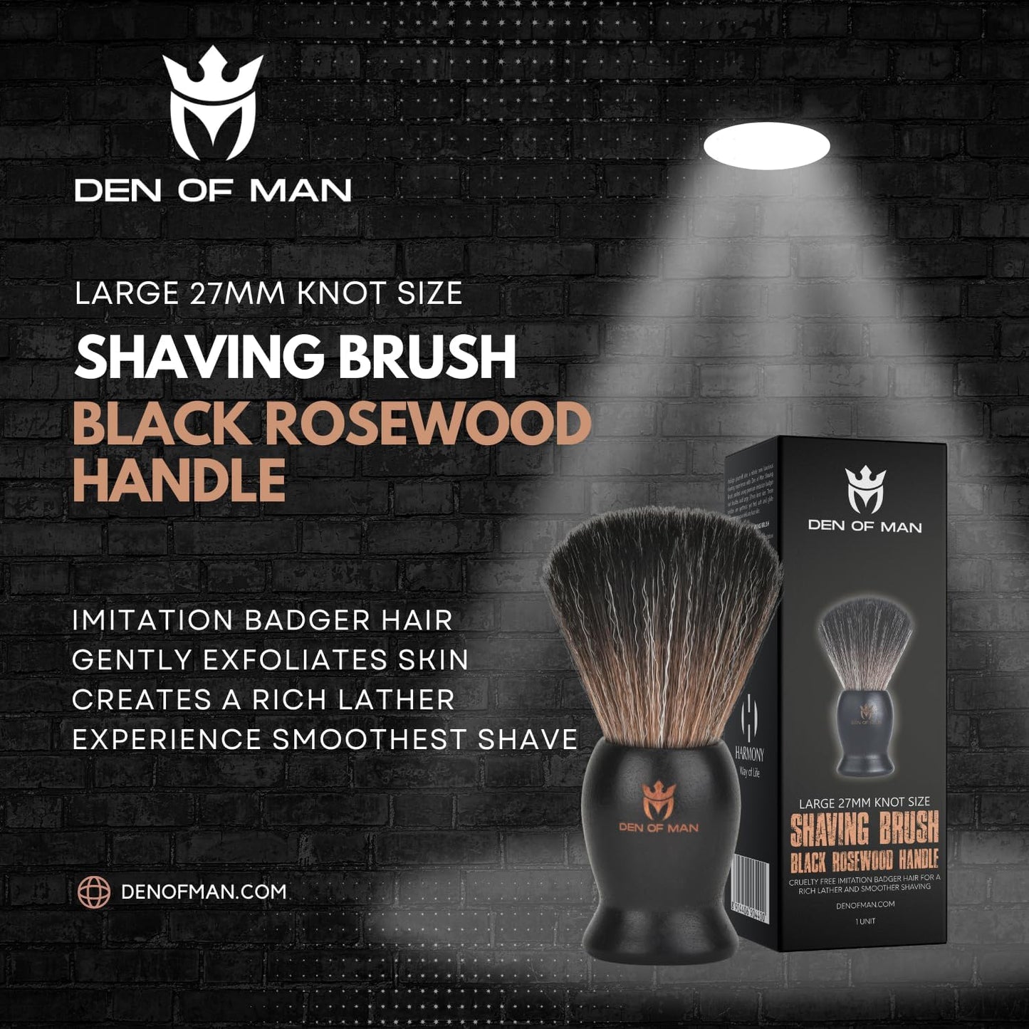 Den of Man Jumbo 27mm Knot Premium Cruelty Free Imitation Badger Hair Shaving Brush, Soft & Ultra Absorbent Bristles For Smooth Shave | Black Resin Handle & Real Rosewood Handle(Pack of 2)